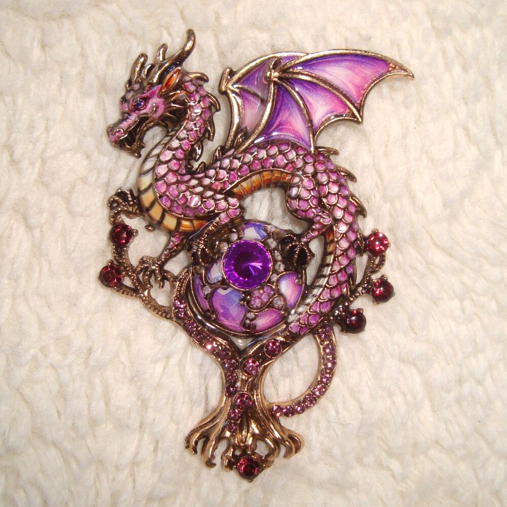 NEW Mythical Gothic Dragon Brooch Pin PURPLE Enameled Crystal Orb Fantasy